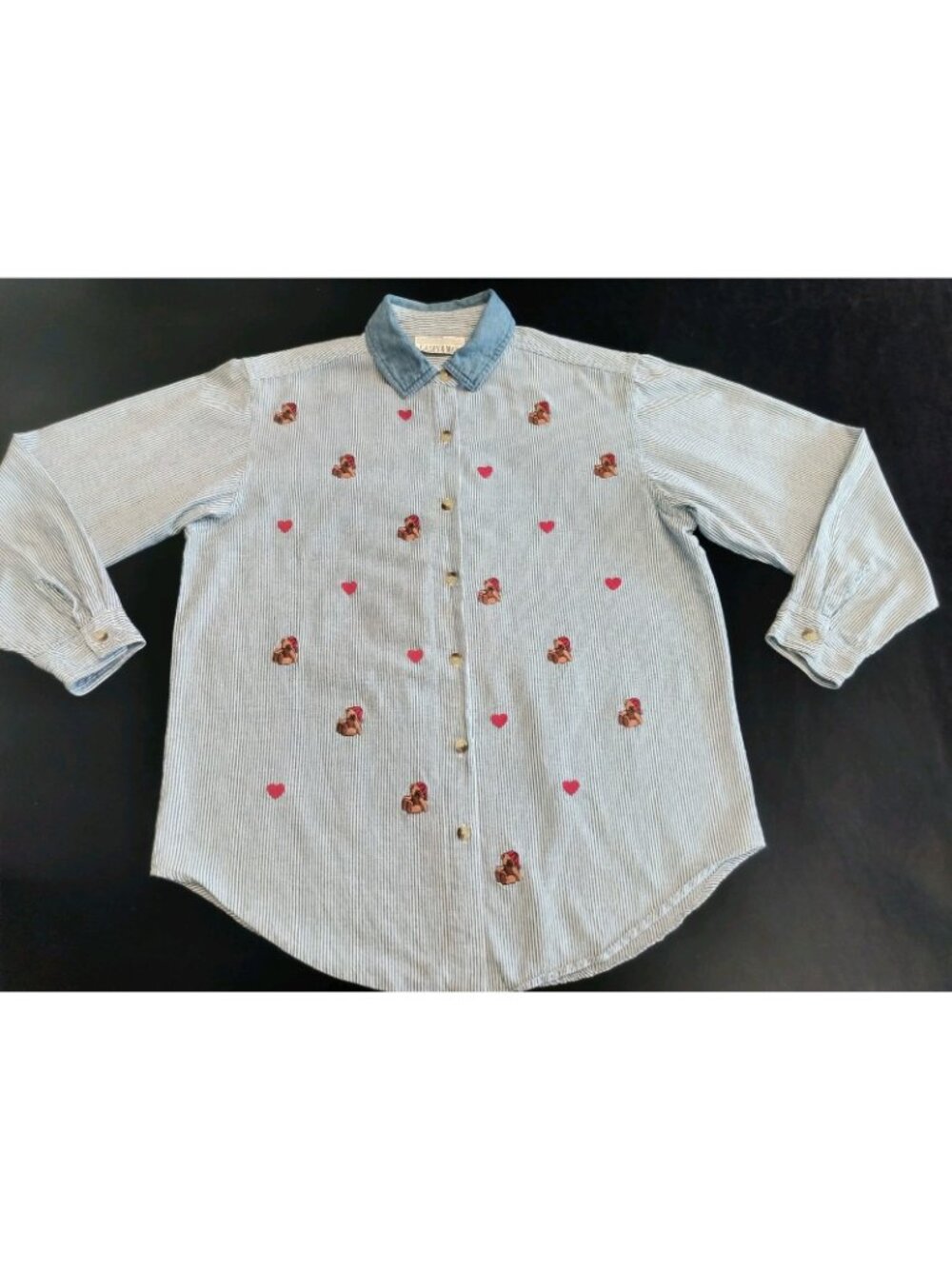 Vintage Casey & Max Striped Embroidered Shirt 2 Pieces Cottagecore Cats/Hearts M - Picture 11 of 16